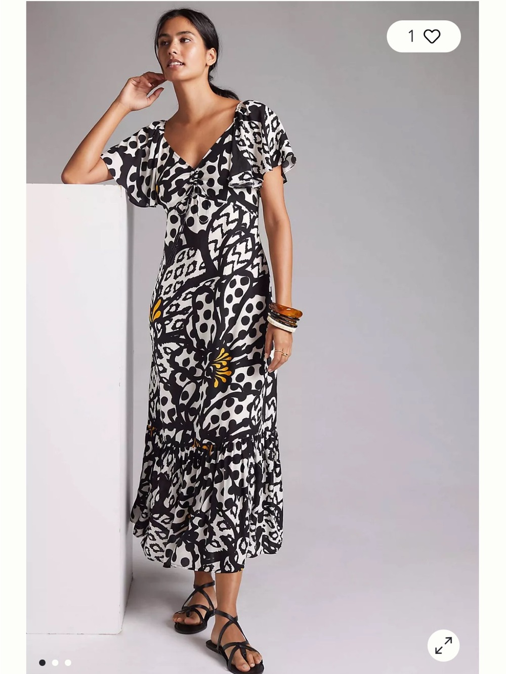 Anthropologie Black & White Floral-Abstract Maxi Dress with Yellow Accents